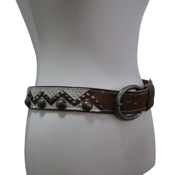 Aquara 3899 Brown Silver Snakeskin Embossed Leather Metal Studded Western Belt - Picture 2 of 10